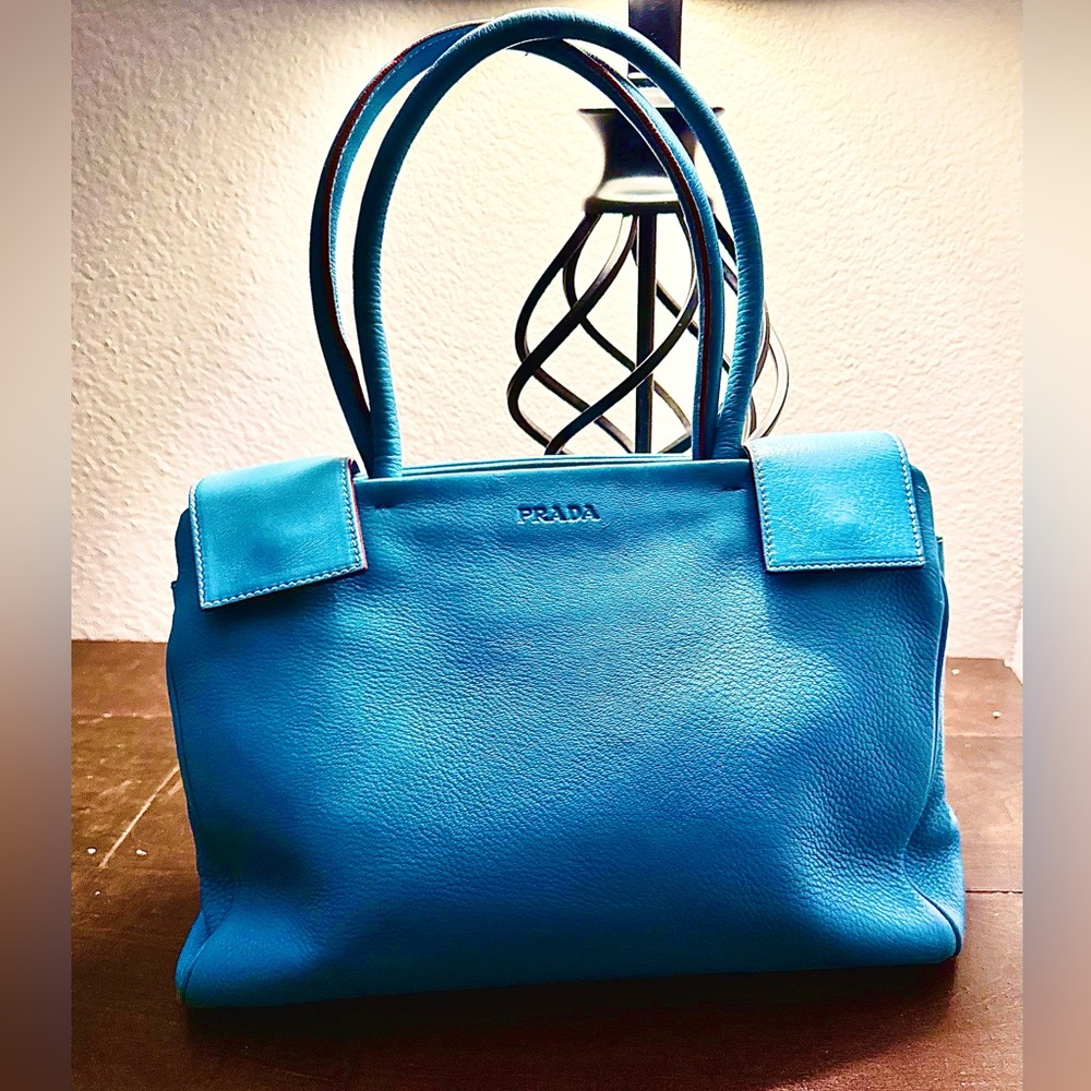 Prada Vitello Daino Triple Pocket Shopper Tote -  
Cosmic blue pebbled leather